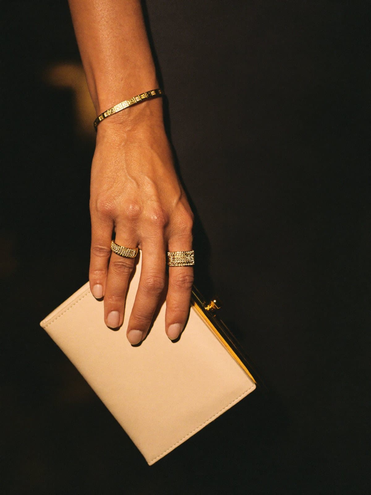 Gold rings and an ivory evening clutch against black silk