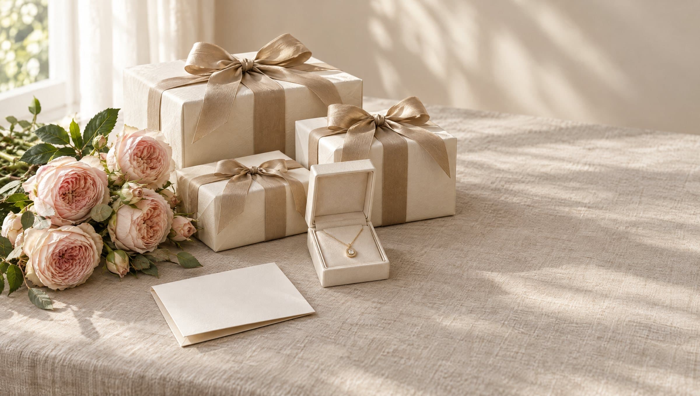 Gifts wrapped in ivory paper with silk ribbon, a gold pendant and garden roses