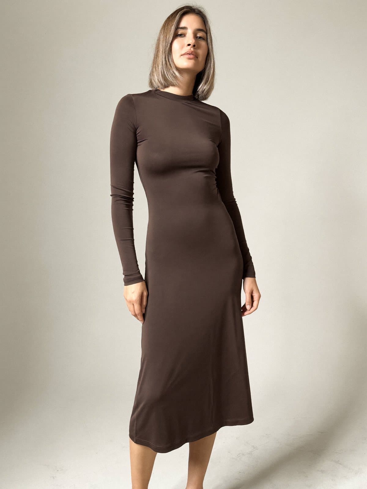 Elodie Jersey Dress in Chocolate, front view